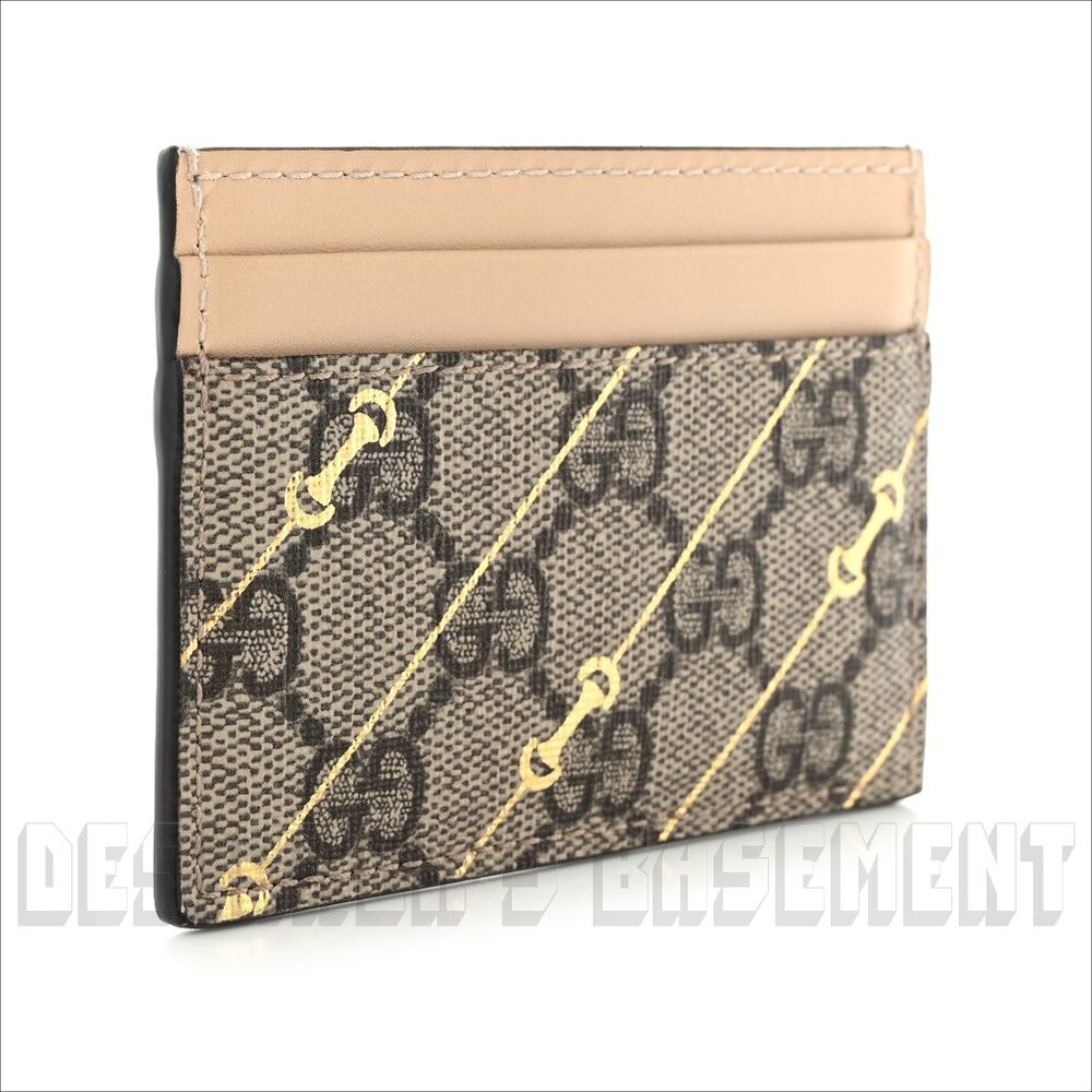GUCCI beige Leather gold Horsebit print GG Supreme Canvas Card Case wallet NIB🎁 - Picture 5 of 5